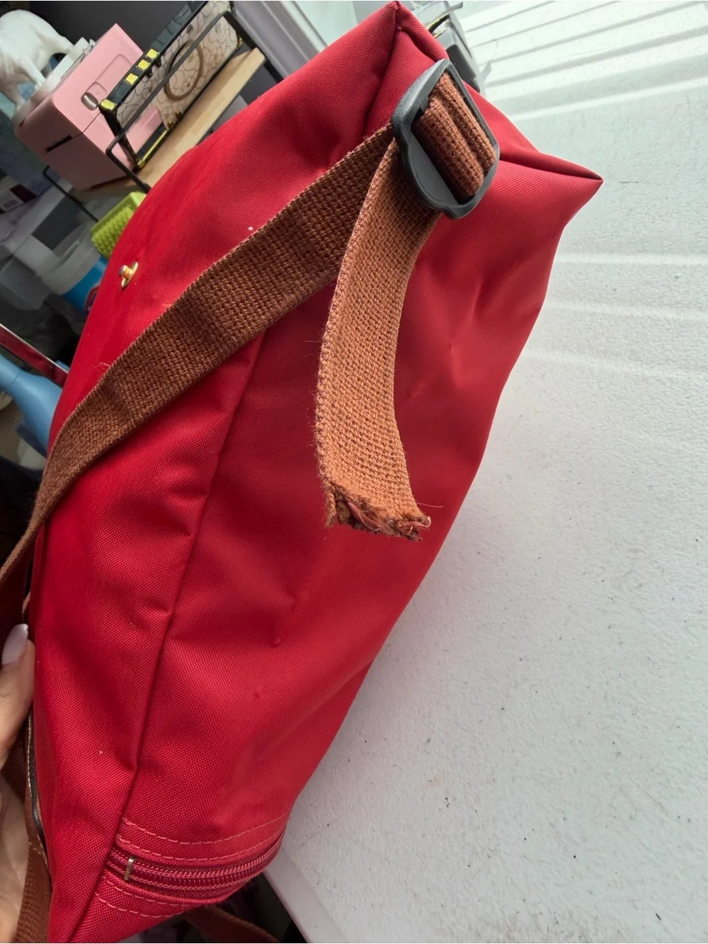 Longchamp Le Pliage Red Backpack with Brown Trim